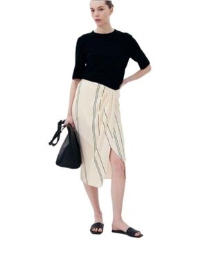 H&M Draped Wrap Front Skirt Size M Cream Striped Midi Minimalist